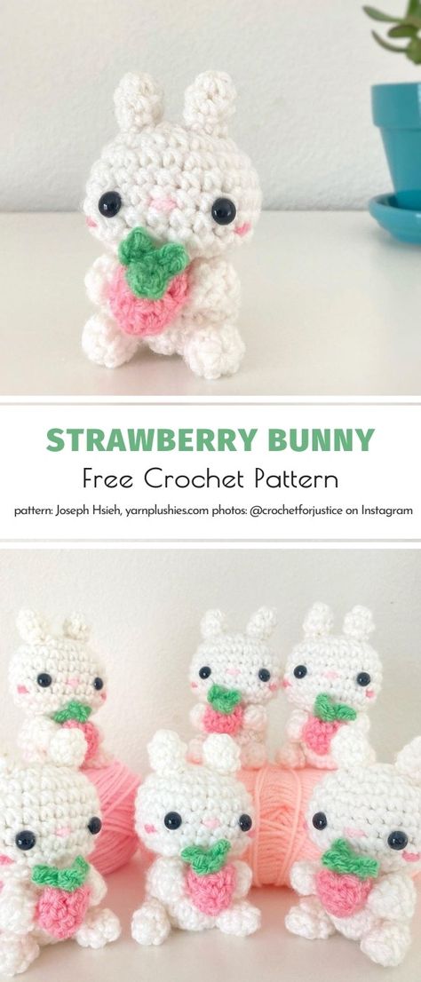 Crochet Strawberry, Confection Au Crochet, Crochet Bunny Pattern, Easter Crochet Patterns, Crochet Animals Free Patterns, Crochet Design Pattern, Kawaii Crochet, Beginner Crochet Projects, Crochet Amigurumi Free Patterns