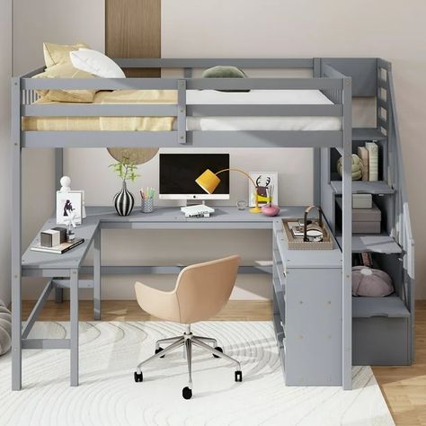 Euroco Wood Full Loft Bed with Desk, Shelf and Storage Staircase for Kids Bedroom, Gray - Walmart.com Loft Bed With Wardrobe, Wooden Loft Bed, Modern Loft Bed, Wooden Loft, Wardrobe Desk, Bed With Wardrobe, Loft Bed Frame, Desk Drawers, Twin Size Loft Bed