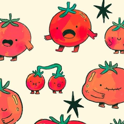 Phoebe on Instagram: "I’ve been seeing a LOT of tomatoes on my fyp! So naturally they’re all I’ve been drawing 🍅 These little tomatoes make me SO excited for summer!!! • • • • • • • • #art#illustration#artstyle#doodle#tomato#tomatoillustration" Cute Tomato Cartoon, Cute Veggie Drawings, Tomato Character Design, Spill Illustration, Tomato Illustration Cute, Cute Food Drawings Cartoons, Burrito Drawing, Cool Illustration Art, Cartoon Tomato