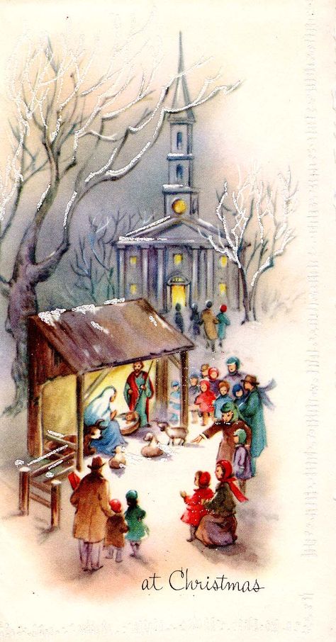 #Christmas #nativity #church (vintage greeting card depicting Nativity in front of church) Christmas Cards Vintage, Images Noêl Vintages, Nativity Church, Nostalgic Christmas, Christmas Church, Creation Photo, Vintage Christmas Images, Blog Art, Old Christmas