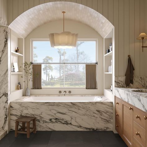 Renderings are an important part of the design process mostly because they give us something to look forward to during the long… | Instagram Bathtub Shower Room, Arched Bathtub Alcove, Tub In Shower Area, Bathroom Rendering, Turret House, Bathtub Alcove, Bath Window, Cabin Vibes, Dream Interior