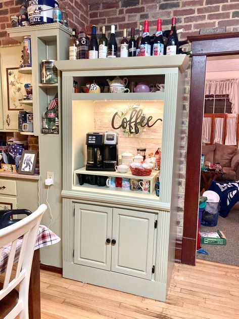 Coffee Bar Made Out Of Tv Cabinet, Corner Coffee Bar Ideas Diy, Entertainment Center To Coffee Bar Diy, Coffee Bar Entertainment Center, Tv Stand Coffee Bar, Entertainment Center To Coffee Bar, Refinish Entertainment Center, Tall Coffee Bar, Coffee Bar From Entertainment Center