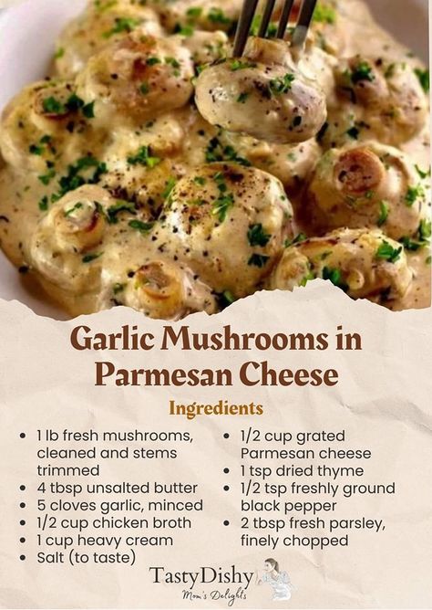 Golden Recipe - Make this simple yet absolutely delicious... Garlic Mushrooms In Parmesan Cheese, Parmesan Sauce Recipe, Mushroom Side Dishes, Mushroom Recipes Healthy, Baked Mushrooms, Mushroom Dish, 2024 Recipes, Parmesan Sauce, Garlic Mushrooms