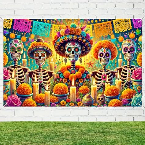 Dead Skeleton Marigold Banner Polyester Backdrop - Temu Mexico Loteria Backdrop, Dia De Los Muertos Cubicle Decor, Dia De Los Muertos Event Ideas, Day Of The Dead Marigolds, Dia De Los Muertos Poster Ideas, Mexican Restaurant Decor, Mexican Party Decorations, Day Of The Dead Party, Day Of The Dead Skull