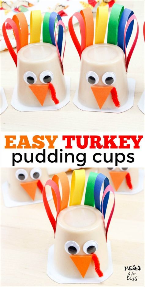 These Turkey Pudding Cups are perfect for a classroom snack for a Thanksgiving party. You can also easily make these for your own Thanksgiving celebration. #Thanksgiving #ThanksgivingSnack Plate Turkey Craft, Turkey Craft For Kids, Pilgrim Crafts, Paper Plate Turkey, Classroom Snacks, Thanksgiving Crafts For Toddlers, Kids Mess, Thanksgiving School, Thanksgiving Classroom