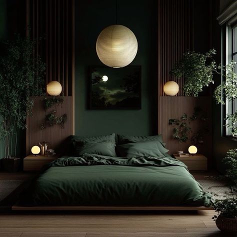 Dark Green Bedroom Mood Board, Modern Green Bedroom Design, Moody Japanese Bedroom, Dim Lights Bedroom, Minimalism Bedroom Aesthetic, Moody Japandi Bedroom, Cozy Japanese Bedroom, Dark Japandi Interiors, Bold Bedroom Colors