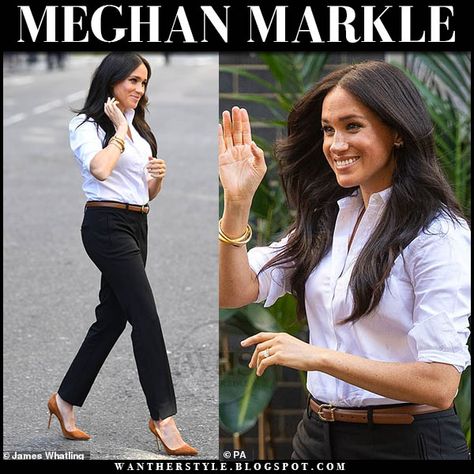 Meghan Markle in white shirt, black trousers and brown suede pumps #meghanmarkle #duchessofsussex #fashion #style #royalfamily #outfit #celebrity #classsic #inspiration #office #workwear Brown Suede Pumps Outfit, Brown Pumps Outfit, Suede Pumps Outfit, Client Board, Meghan Markle Outfits, Pumps Outfit, Office Workwear, Brown Pumps, Meghan Markle Style