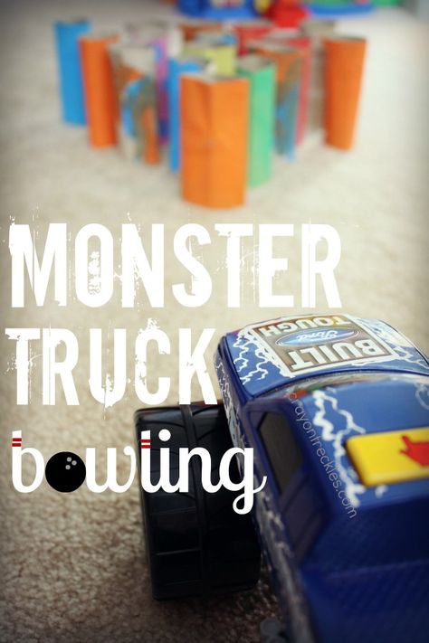 oh yeah! here's an activity my kiddos will love -- Monster Truck Bowling Monster Truck Games, Blaze Birthday Party, Auto Party, Monster Truck Birthday Party, Monster Jam Birthday, Monster Jam Party, Monster Truck Theme, Blaze Birthday, Truck Games