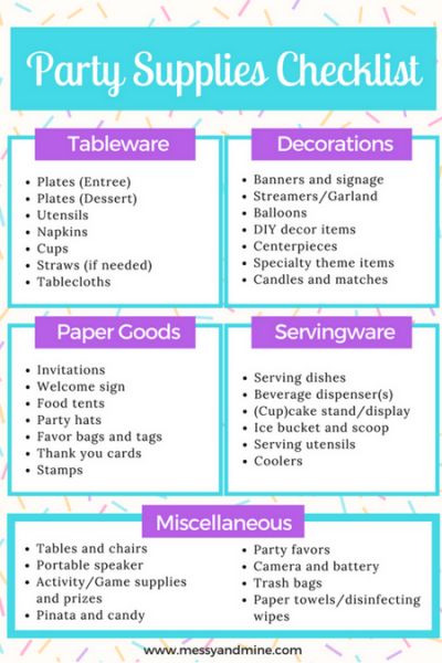 Party Supplies Checklist - Messy & Mine Party Guest List Template, Birthday Party Supplies Checklist, Party Food List, Party Supplies Checklist, Messy Party, Bos Baby, Guest List Template, Birthday Party Checklist, Party Planning Business