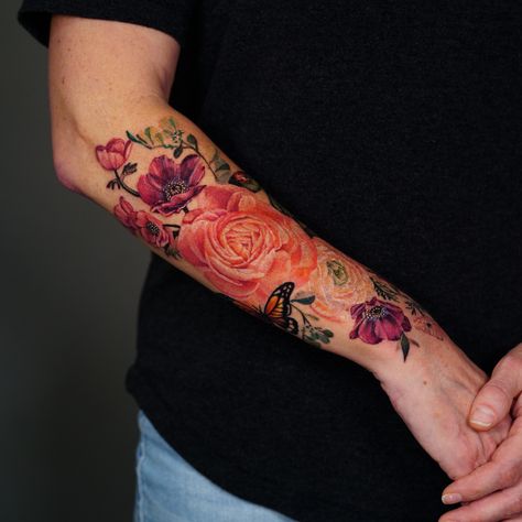 Ranunculus flower butterfly and anemones Floral Half Sleeve Tattoo Forearm Color, Floral Arm Tattoo Color, Floral Forearm Tattoo, Tattoo Landscape, Arm Tattoos Color, Floral Sleeve Tattoo, Arm Wrap Tattoo, Floral Arm Tattoo, Half Sleeve Tattoos Forearm