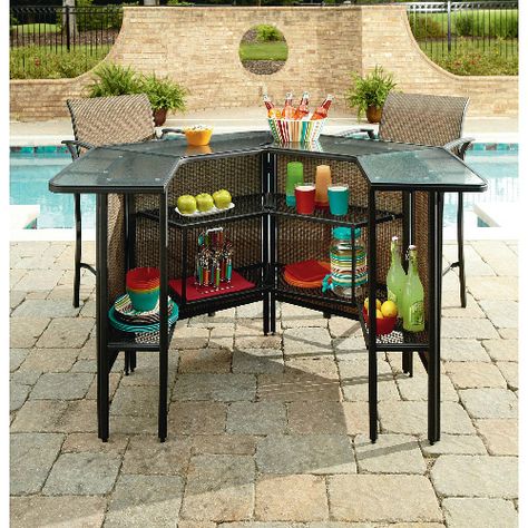 Bring entertaining to the next level with this Garden Oasis 5-PC Bar Set. Set includes 4 tall bar chairs and 1 curved bar table. Outdoor Patio Bar, Outdoor Bar Furniture, Outdoor Bar Sets, Backyard Bar, Patio Bar Set, Outdoor Bar Table, Dining Sets Modern, Garden Oasis, Patio Bar