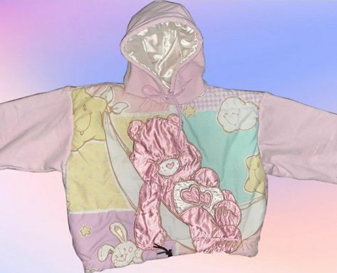 satin carebear patchwork hoodie katabasis threads pastel fairykei angel fairy quilt Katabasis Threads, Fairy Quilt, Pastel Hoodie, Patchwork Hoodie, 2024 Outfits, Rainbow Outfit, Themed Room, Fame Dr, Room Themes