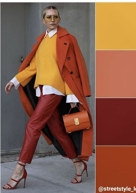 Orange Coat, Colour Combinations Fashion, Color Combos Outfit, Color Blocking Outfits, Color Combinations For Clothes, Orange Outfit, Fall Color Palette, Red Pants, Yellow Sweater