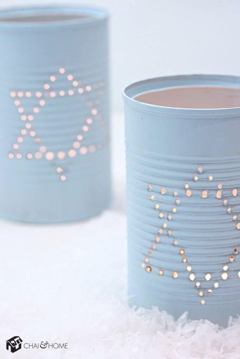 Tin Can Hanukkah Luminaries from Chai and Home Hannukah Crafts, Hannukah Decorations, Diy Hanukkah, Hanukkah For Kids, Lantern Diy, Jewish Crafts, Hanukkah Crafts, Chanukah Party, Chanukah Decor