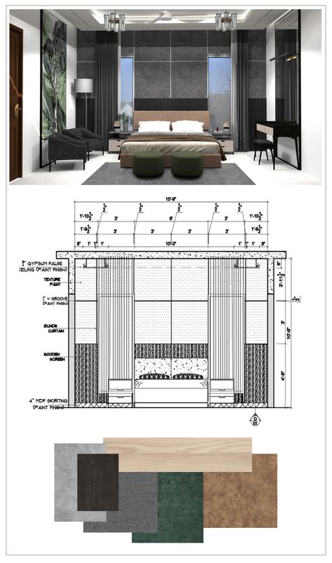 Bedroom Elevation Interior, Matireal Design, Bedroom Bed Back Wall Design Modern, 2d Room Design, Bedroom Elevation, Interior Presentation, Interior Design Portfolio Layout, Furniture Design Sketches, Interior Architecture Drawing