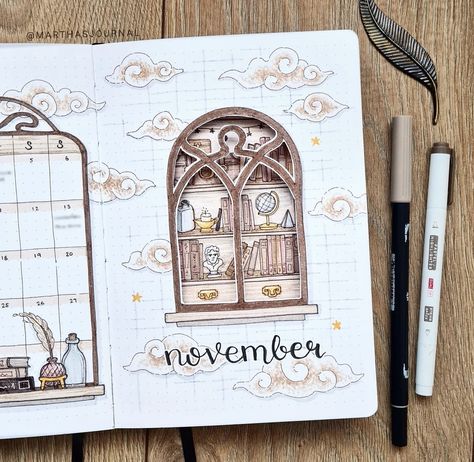 Dreamy Bujo Theme, Dark Academia Bujo Theme, Window Journal Page, Book Bujo Theme, November Bujo Spread, Bujo Book Theme, Bujo November Theme, November Bujo Theme, Dark Academia Bullet Journal