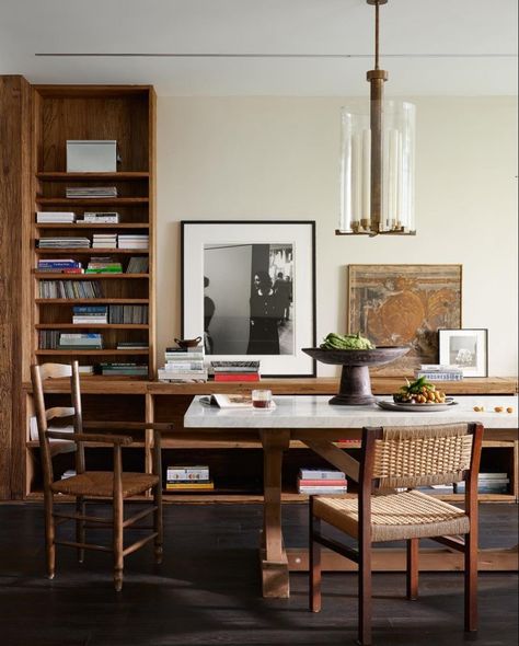 Interiors we like Dining Room Study Combo, Bookcase Dining Room, Dining Library, Office Dining Room, Apartment Architecture, Transitional House, Eclectic Home, Apartment Interior, Residential Design