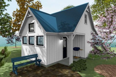 This 500 square foot design is a great example of a smart-sized one bedroom home plan. Build this model in a pocket neighborhood or as a backyard ADU as the perfect retirement home. A generous kitchen space has room for full-size appliances, including a dishwasher. The sink peninsula connects the living area with bar-top seating.  A back porch is located off of the vaulted living area with a tall window wall offering lots of light.  The big bedroom with lots of furniture space features Backyard Adu, Pocket Neighborhood, Big Bedroom, Foot Design, Retirement Home, Home Plan, Window Wall, Back Porch, Kitchen Space