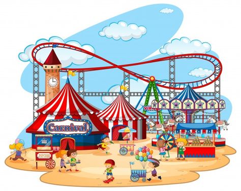 Fun fair theme park | Free Vector A Day In Theme Park Drawing, Theme Park Drawing, Theme Park Illustration, Children's Day School, Fair Theme, Drawing Competition, Circus Art, Boy Drawing, Fun Fair