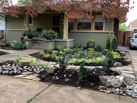 Portland Oregon residential landscape design for St Johns neighborhood. Native Landscape Design, Modern Craftsman Style Homes, Ideas For Front Yard, Residential Landscape Design, Brick Planter, California Lilac, Front Yard Plants, Residential Landscape, Drought Tolerant Garden