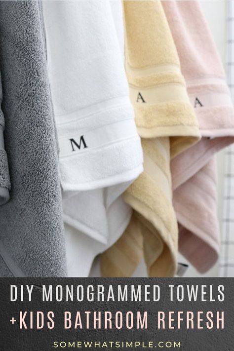 Monogrammed Towels and Kids Bathroom Refresh. Monogrammed Towels For College Dorm Room, Embroidered Towels Bathroom, Towel Monogram Ideas, Monogram Towels In Bathroom, Kids Bathroom Towel, Monogrammed Towels, Updated Bathroom, Monogrammed Bath Towels, Embroidered Bath Towels