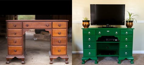 Antique Desk as TV Stand - Me and Mahlon converted this awesome 1940's desk into an eye-catching, emerald green entertainment center! We changed (and painted) the hardware, added an escutcheon, and built shelves (With added fancy trim!) to hold our electronics. Now to decorate that big empty wall around it! Desk As Tv Stand, Tv Stand Corner, Furniture Tv Stand, Desk Tv Stand, Corner Tv Stands, Boho Bedroom Furniture, Furniture Ads, Tv Mount, Corner Tv