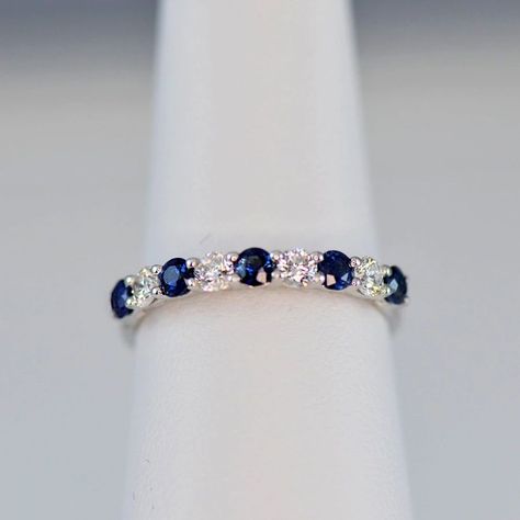 Sapphire & Diamond Anniversary Wedding Band in 18k White Gold - (#31-HRSAP00135)8 - Divine & Timeless Jewelry. #jewelry #ring #weedingrings #bestrings #giftideas #bestgift #giftforher #giftforbelovedone #giftideas2021 #jewelryhouse Shiny Ring, Diamond And Sapphire Ring, Sapphire And Diamond Band, Shiny Rings, Sapphire Wedding Rings, Anniversary Wedding Band, Sapphire Wedding Band, Sapphire Band, Sapphire Wedding