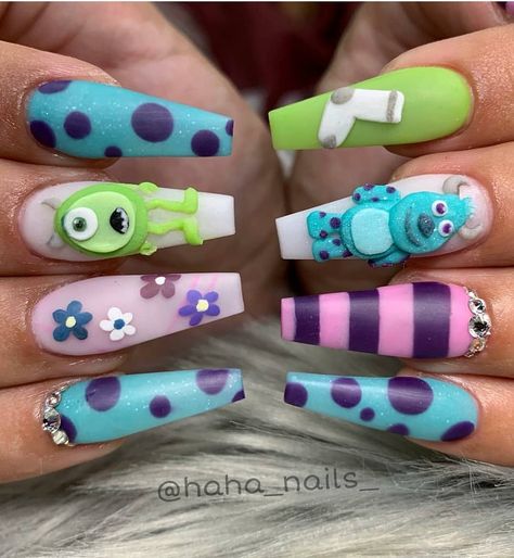 @haha_nails_ did these super cute Monsters Inc nails for a baby shower! 💕 #nailsmagazine . . . . . #disneynails #characternails… Spring Nails2023, Monster Inc Nails, Random Nails, Spring Nails 2022, Shower Nails, Spring Nails 2020, Baby Shower Nails, Character Nails, Minion Nails