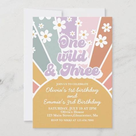 One Wild and three Retro Sunshine Rainbow Daisy Invitation  Zazzle Five Is A Vibe, Daisy Invitations, Daisy Baby Shower Invitations, First Birthday Party Favor, Rainbow Daisy, Daisy Baby Shower, First Birthday Favors, First Birthday Games, 1st Birthday Themes