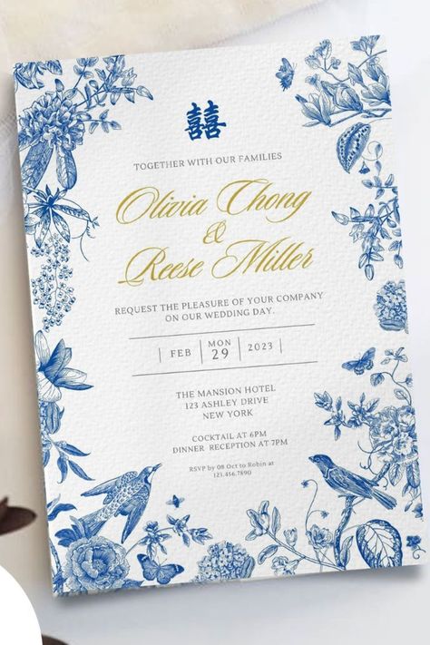 Blue Chinoiserie Wedding Invitation Card | Do Chinese Wedding Invitation Blue, Digital Wedding Invitation Card Design, Chinoiserie Graphic Design, Blue Chinoiserie Wedding, Chinese Wedding Aesthetic, Bilingual Wedding Invitation, Wedding Digital Invitations, Chinoiserie Wedding Invitation, Chinoiserie Invitation