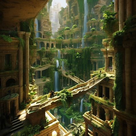 Hanging Gardens Of Babylon, Ewolucje Eevee, Gardens Of Babylon, Hanging Gardens, Fantasy City, Fantasy Story, Fantasy Setting, Fantasy Places, Futuristic City