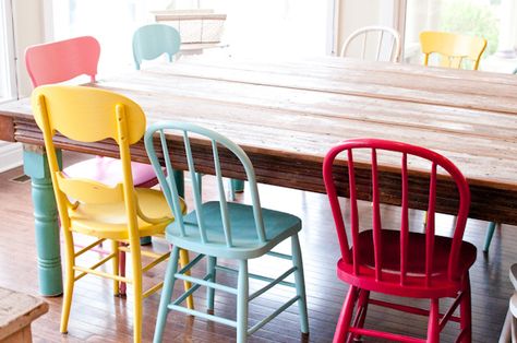 debating multi colored chairs in my dining room.... Colourful Dining Room Chairs, Multi Coloured Dining Room Chairs, Multicoloured Dining Chairs, Colourful Kitchen Chairs, Dining Table Upcycle, Colorful Dining Room Chairs, Mix And Match Chairs, Mix Match Chairs, Colored Chairs