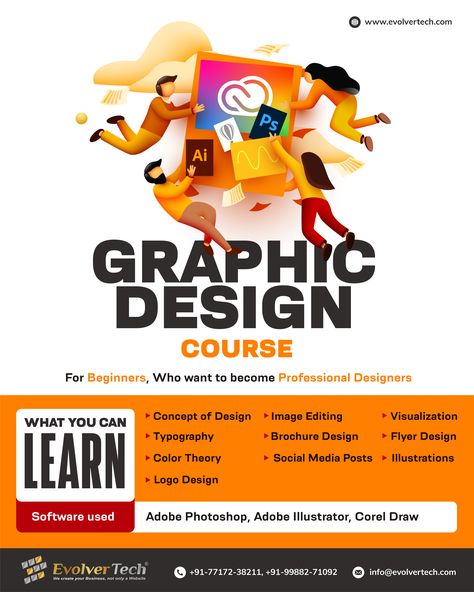 Are you a beginner in graphics designing and looking for a career in designing? Here you can take the Most Accurate And Industry Based Training Program For Graphic Designing.⁣ ⁣ Contact us Now⁣ EvolverTech IT Company⁣ Call us: +91 99882-71092, +91 77172-38211⁣ Visit us: www.evolvertech.com⁣ Email us: info@evolvertech.com⁣ ⁣ #learnphotoshop #photoshoptutorial #adobecertifiedtraining #adobecertified #adobelife #adobemax #onlinetrainer #adobelover #photoshoptrainingchannel #experiencedesign #graphi Online Course Brochure Design, Graphic Design Course Poster, Typography Brochure, Online Graphic Design Course, Logo Design Software, Kalender Design, Class Poster, Software House, Graphic Design Course