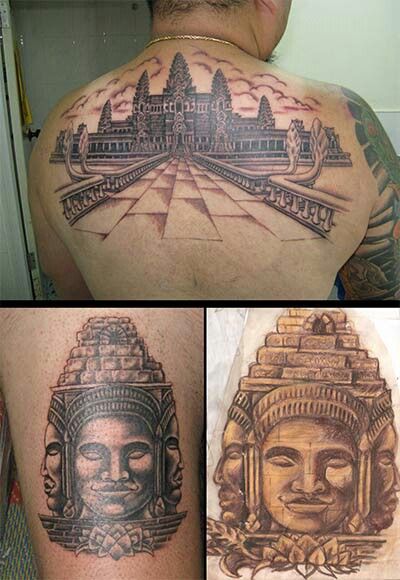 Ankor wat tat & the statues surrounding it Cambodian Flag Tattoo, Ankor Watt Tattoos, Apsara Tattoo Khmer, Khmer Tattoo Cambodia, Asian Tattoo Art, Apsara Tattoo, Cambodia Tattoo, Angkor Wat Tattoo, Cambodia Apsara