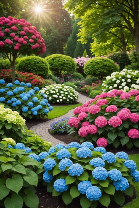 20 Beautiful Hydrangea Landscaping Ideas - Toolz Geek Blue Hydrangea Garden Landscapes, Hydrangea Landscaping Ideas, Cottage Garden Hydrangea, Hydrangea Inspiration, Landscaping With Hydrangeas, Hydrangea Garden Aesthetic, Hydrangea Forest, Hydrangea Landscaping, Hydrangea Shrub