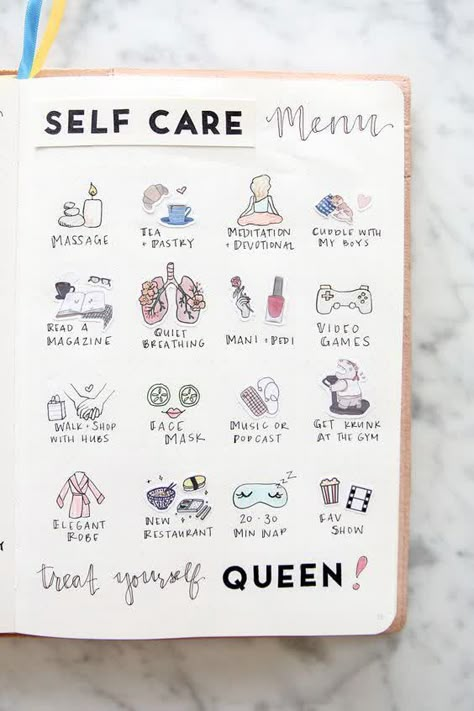 Self care doodles for your bullet journal. Self Care Menu, Bullet Journal Mental Health, Weekly Log, Calendula Benefits, Bullet Journal Spreads, Self Care Bullet Journal, Bullet Journal Writing, Image Skincare, Bullet Journal Spread