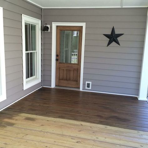 Deck Stain For Grey House, Grey House Deck Colors, Stained Front Porch, Front Porch Sign Ideas, Porch Sign Ideas, Outdoor Porch Ideas, Porch Stain, Deck Stains, Deck Stain Colors