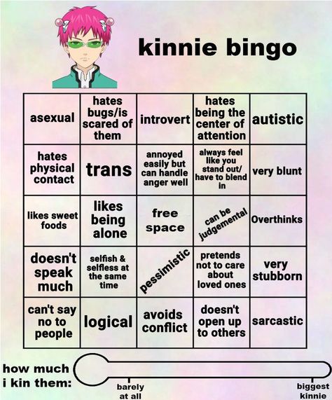 Rika Kinnie Bingo, Kin List Bingo, Saiki K Kinnie Bingo, Anime Kinnie Bingo, Anime Bingo, Character Bingo, Kin Bingo, Kinnie Bingo, About Me Template