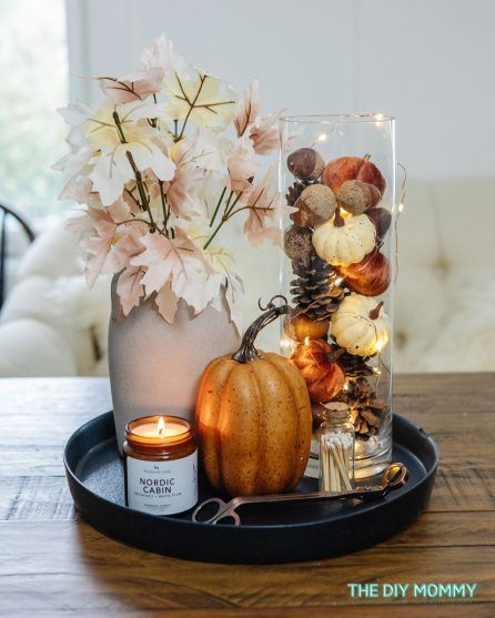 Modern Farmhouse Home Decor Style | The DIY Mommy Fall Decor Apartment Door, Back Patio Fall Decorating Ideas, Budget Friendly Fall Decor, Diy Fall Decor On A Budget, Fall Decor Basket Ideas, Dollar Tree Fall Porch Decor, Dollar Store Thanksgiving Decorations, Dollar Tree Fall Centerpieces, Balcony Fall Decor