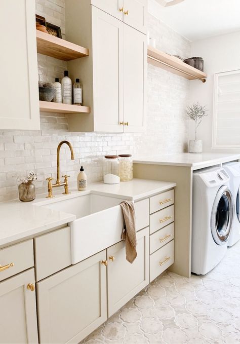 melissawilsondesign on LTK Modern Coastal Laundry Room Ideas, Laundry Room Finishes, Classic Laundry Room Design, Laundry Room Floating Shelves Over Sink, Laundry Room Beige Cabinets, Transitional Laundry Room Design, Spa Laundry Room, Laundry Room Neutral, Mediterranean Laundry Room Design