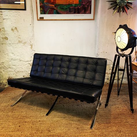 Barcelona Style 2 Seater Sofa| Vinterior Sent to Harpenden, GB Barcelona Couch, Gentlemans Room, Black Leather Couch, Barcelona Style, Vintage Sofas, Couches For Sale, Ludwig Mies Van Der Rohe, Leather Couch, Van Der Rohe