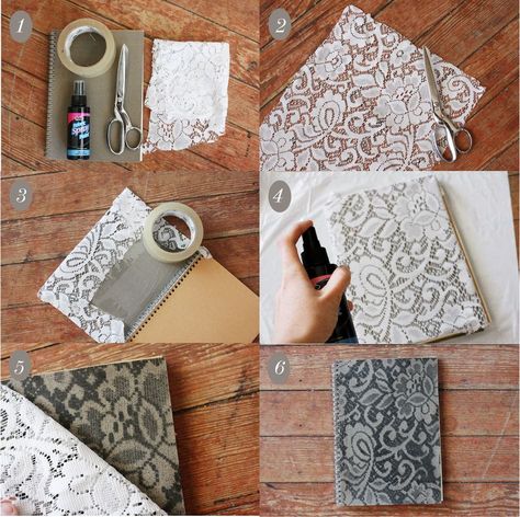 Lace pattern things! I think I just found my favorite craft blog eburrrr. Buku Diy, Notebook Diy, Decoration Shabby, Lace Doily, Diy Notebook, Diy Book, Crafty Craft, Crafty Diy, Diy Projects To Try