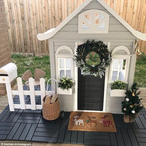 Another was turned into a Christmas-themed home, complete with festive mat, Christmas tree, bell and wreath (pictured) Kmart Cubby, Cubby House Ideas, Kids Cubby Houses, Kids Cubbies, Diy Playhouse, Backyard Playhouse, Build A Playhouse, Proud Parents, Wendy House