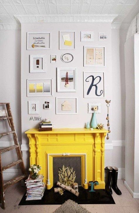 You can only call this a "non-working fireplace" in the most literal sense. Yellow Fireplace, Koti Diy, Faux Fireplace, Design Del Prodotto, White Room, Style At Home, A Living Room, Mellow Yellow, Cool Stuff