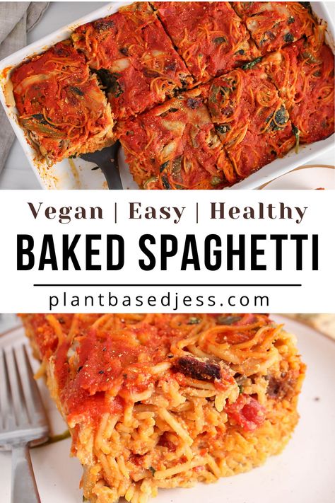 View on a vegan baked spaghetti dish. Baked Spaghetti Dairy Free, Vegan Baked Spaghetti Recipe, Dairy Free Baked Spaghetti, Vegan Spaghetti Recipes, Dairy Free Spaghetti, Recipe Using Spaghetti Sauce, Vegan Baked Spaghetti, Tofu Cream, Vegan Casserole Recipes