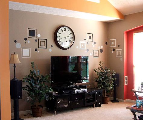 Clock On Tv Wall, Wall Clock Decor Living Room Over Tv, Clock Above Tv Living Rooms, Clock Over Tv, Clock Above Tv, Small Entertainment Room, Wall Clock Above Tv, Home Lounge Room, Tv Decoration