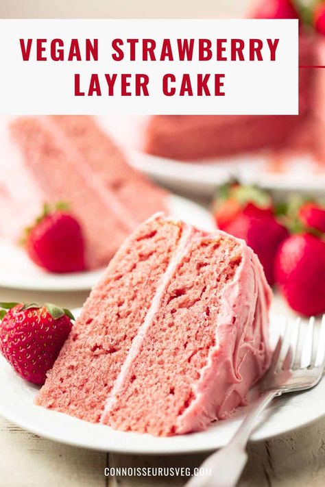 This vegan strawberry cake is made with two layers of cake and a decadent dairy-free cream cheese frosting. It's moist, tender and bursting with fruity deliciousness! Vegan Fruit Cake, Vegan Cake Frosting, Vegan Strawberry Cake, Dairy Free Cream Cheese Frosting, Strawberry Layer Cake, Vegetarian Wedding, Vegan Pies Recipes, Strawberry Layer Cakes, Strawberry Birthday Cake