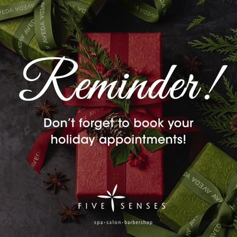 Book your #holiday appointments with us in advance so you're guaranteed the best #FiveSenses holiday experience! #fivesensespeoria #peoriail #avedalife #smellslikeaveda #holidays #holidaydeals #seasonsgreetings #book Holiday Appointment Salons, Book Your Holiday Appointments, Prebook Your Holiday Appointments, Christmas Appointments Available Salon, Holiday Hair Appointment Quotes, Book Your Appointment Quotes, Holiday Hair Appointment, Hair Appointment Quotes, Massage Advertisement