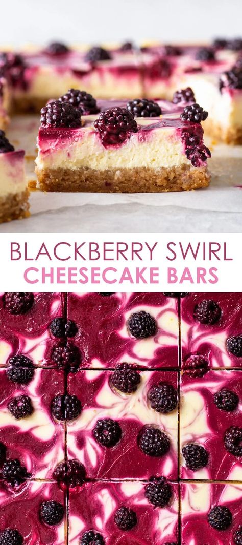 Blackberry Cheesecake Bars - These blackberry cheesecake bars are super creamy and simply bursting with flavour, thanks to an abundance of lemon zest and vanilla bean paste in the base cheesecake filling, as well as the aromatic blackberry swirl flavoured with a blackberry reduction. I’m giving you all the tips and tricks to prevent your cheesecake (bars) from cracking, without using a water bath! Cheesecake recipe. Blackberry desserts. Dessert ideas. Dessert recipes. #cheesecake #dessert Dark Chocolate Raspberry Cheesecake Bars, Blackberry Cream Cheese Recipes, Berries Cheesecake Recipes, Blackberry Lemon Cheesecake, Things To Make With Blackberries, Blackberry Lavender Cheesecake, Blackberry Bars, Blackberry Cheesecake Bars, Blackberry Desserts