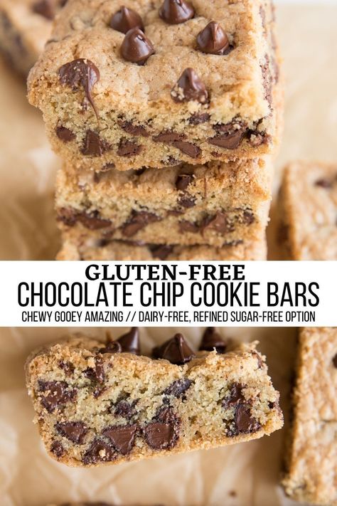 Gluten Free Cookie Bars, Chocolate Chip Cookie Bar Recipe, Dairy Free Chocolate Chip Cookies, Sugar Free Chocolate Chip Cookies, Desserts With Chocolate Chips, Cookie Bars Easy, Paleo Chocolate Chip Cookies, Best Gluten Free Desserts, Chocolate Chip Blondies